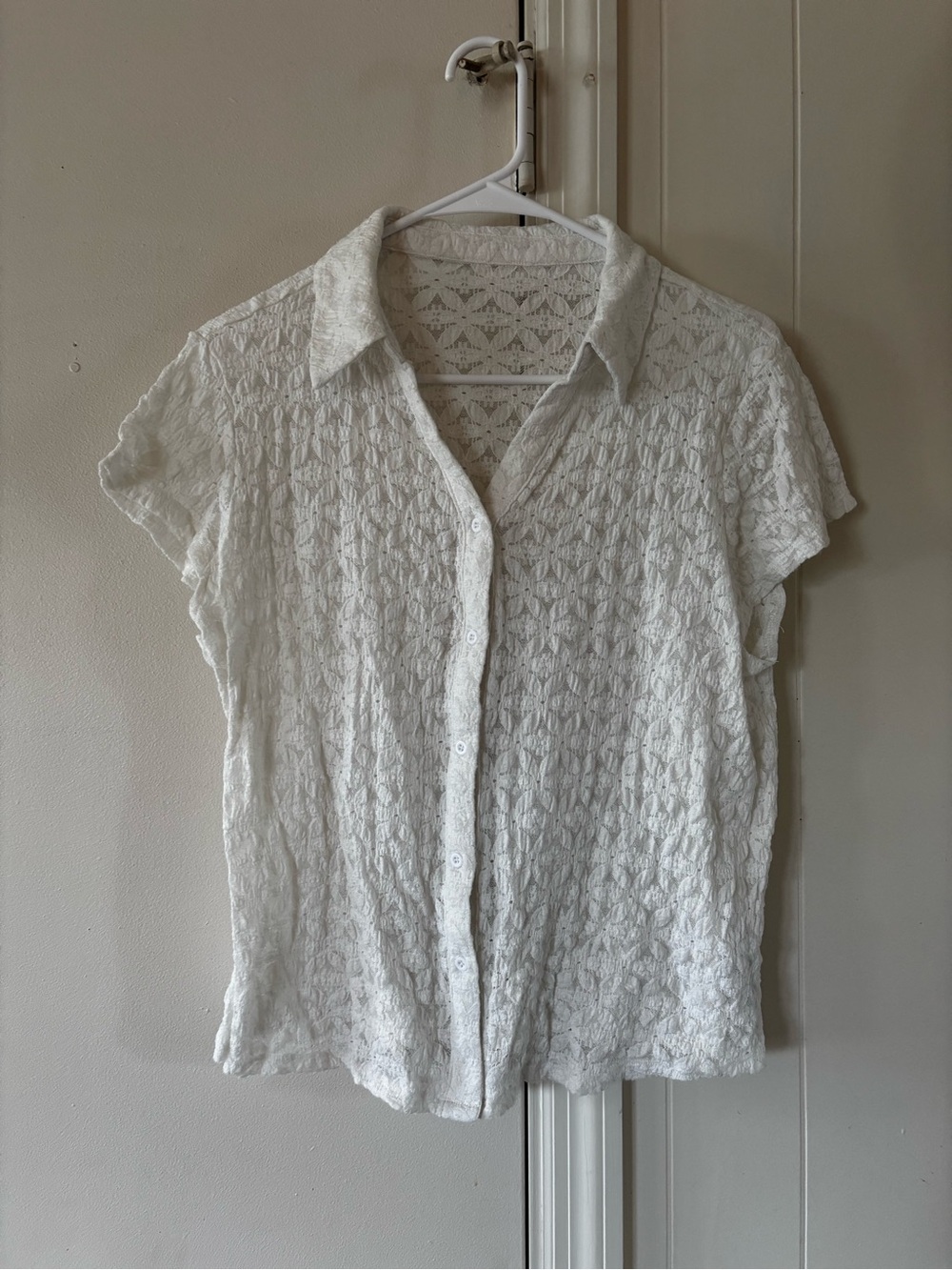 White Lace Short-Sleeve Button-Up Top